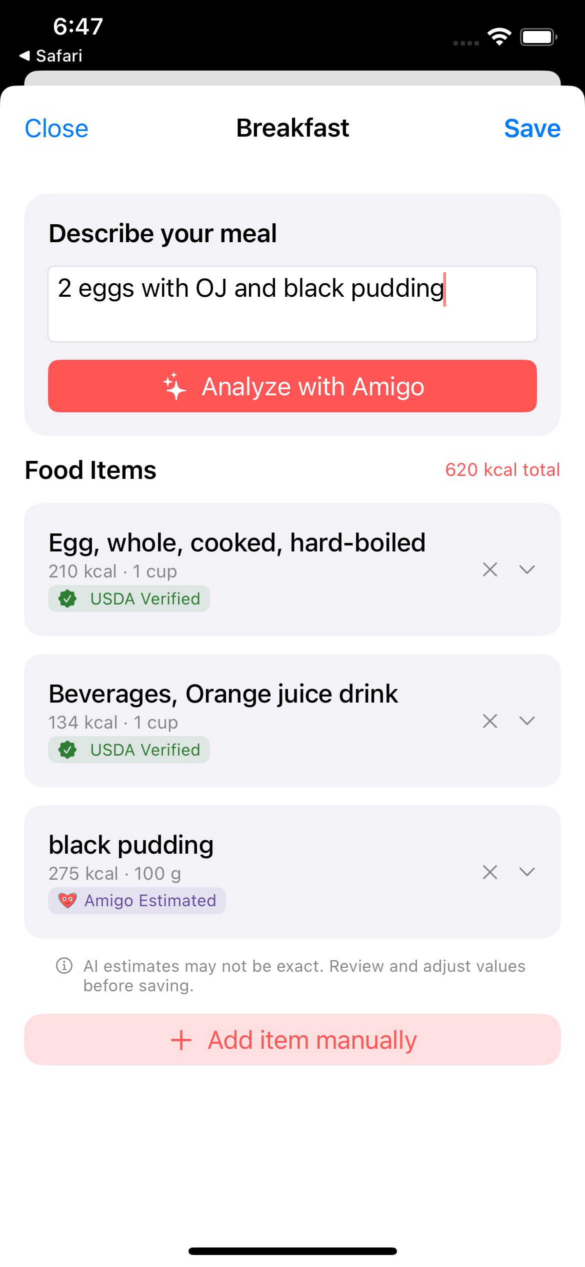 Text meal analysis with USDA data